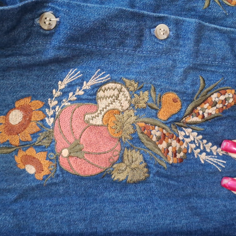 Maggie & Max Fall Embroidered Denim Button-Up Shirt. Size Large - Picture 2 of 8
